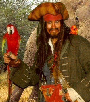 Parrot Jack a parody Jack Sparrow impersonator with parrots to entertain at a pirate party or special event