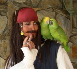 Captain Jack the pirate  for hire with parrots for pirate party