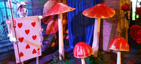 Giant Mushrooms for rent and other Alice in Wonderland theme decoration and pirate props